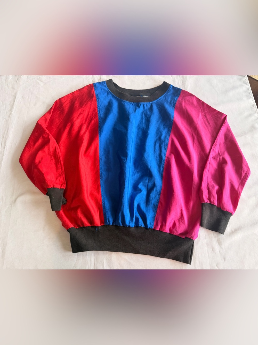 Vintage 1980s Leslie Fay Colorblock Red Blue Pink Pullover Light Sweatshirt Sz M